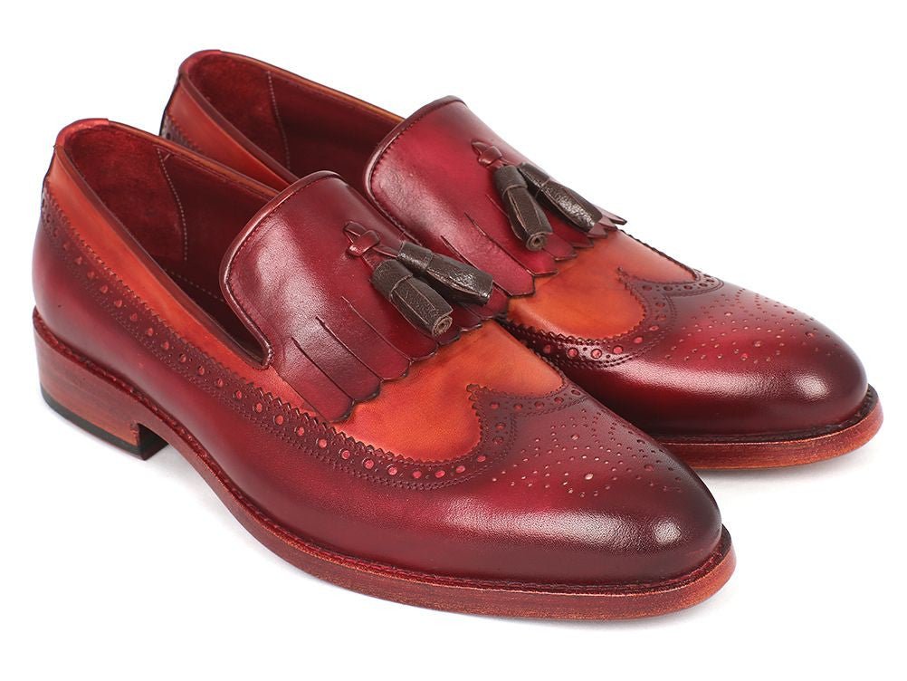 Paul Parkman Kiltie Tassel Loafer in Tobacco and Bordeaux, showcasing hand-painted calfskin with elegant wingtip design.