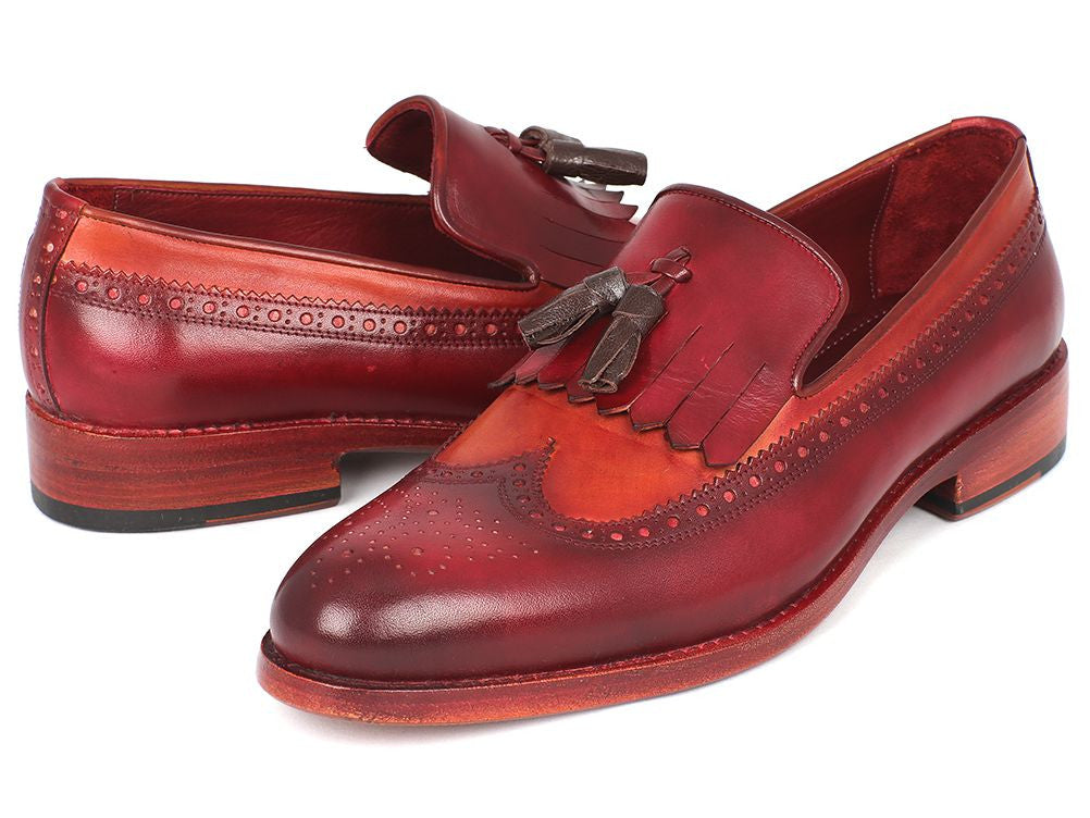 Paul Parkman Kiltie Tassel Loafer in Tobacco and Bordeaux, showcasing hand-painted calfskin with elegant wingtip design.