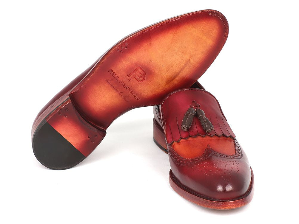 Paul Parkman Kiltie Tassel Loafer in Tobacco and Bordeaux, showcasing hand-painted calfskin with elegant wingtip design.