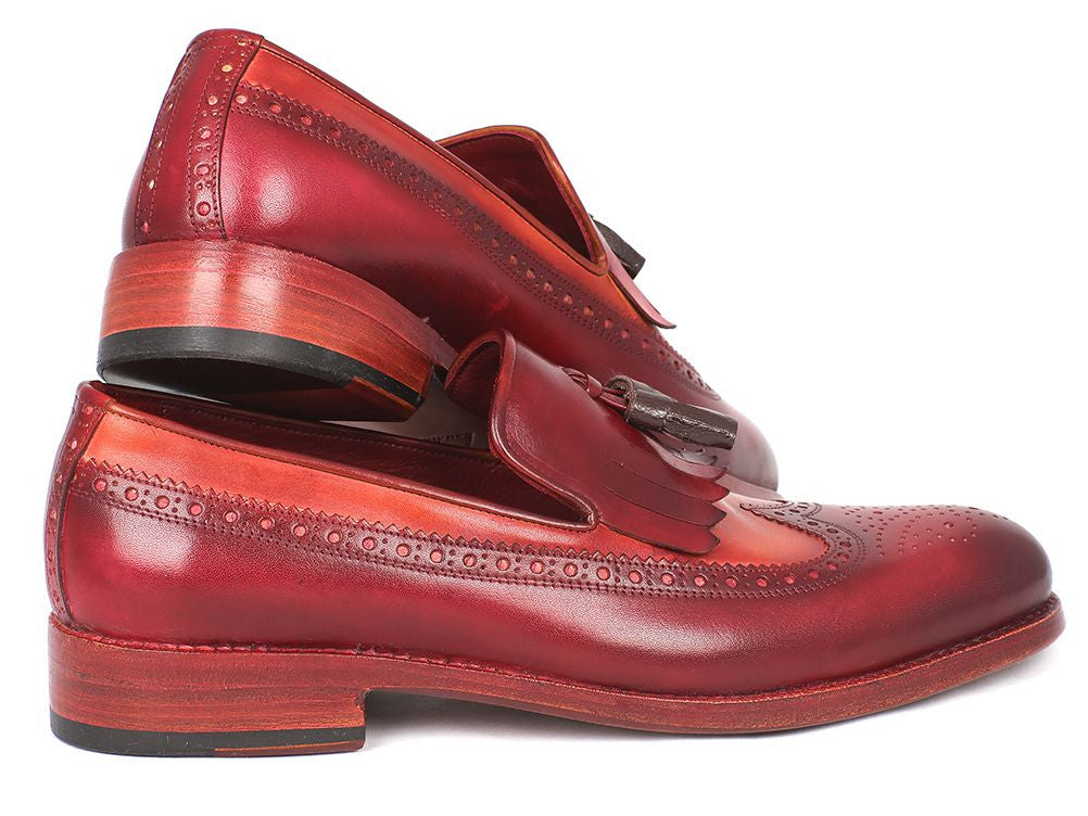 Paul Parkman Kiltie Tassel Loafer in Tobacco and Bordeaux, showcasing hand-painted calfskin with elegant wingtip design.