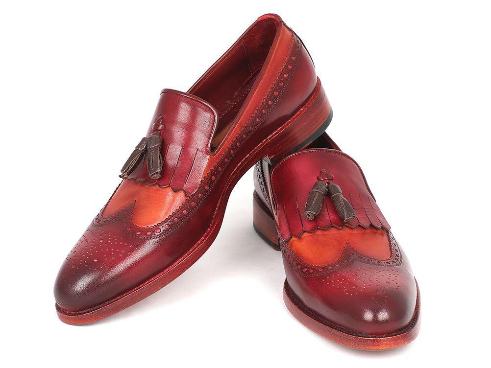 Paul Parkman Kiltie Tassel Loafer in Tobacco and Bordeaux, showcasing hand-painted calfskin with elegant wingtip design.