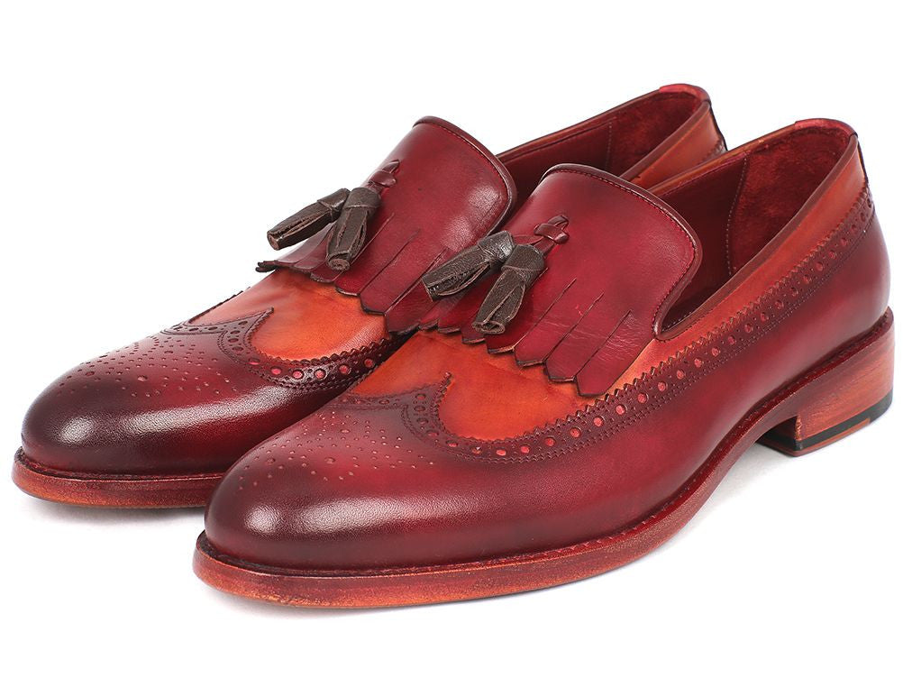 Paul Parkman Kiltie Tassel Loafer in Tobacco and Bordeaux, showcasing hand-painted calfskin with elegant wingtip design.