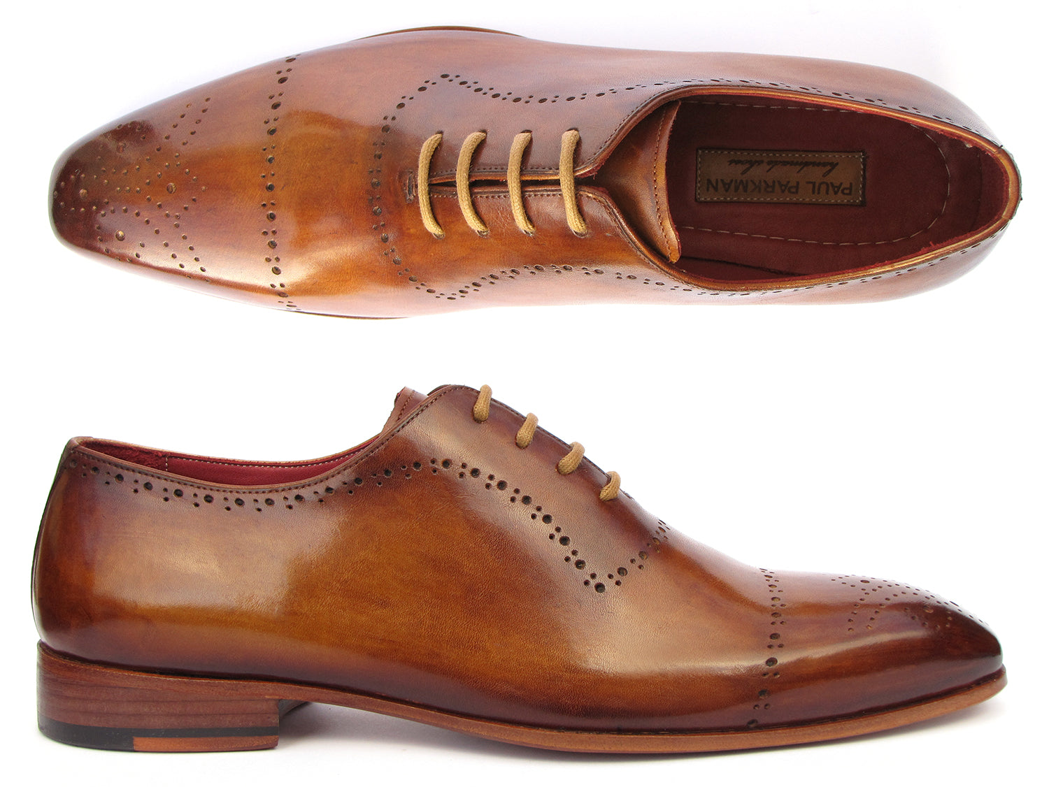 Paul Parkman Light Brown Classic Brogues featuring hand-painted calfskin upper and perforated brogue detailing.