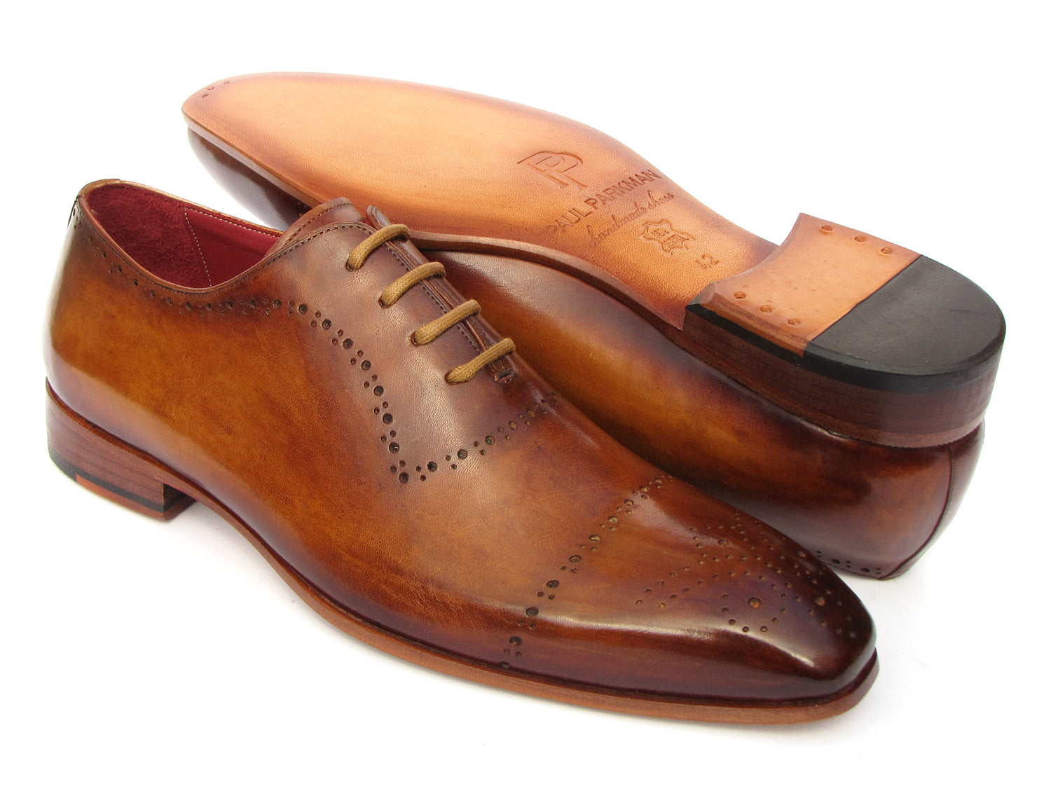 Paul Parkman Light Brown Classic Brogues featuring hand-painted calfskin upper and perforated brogue detailing.