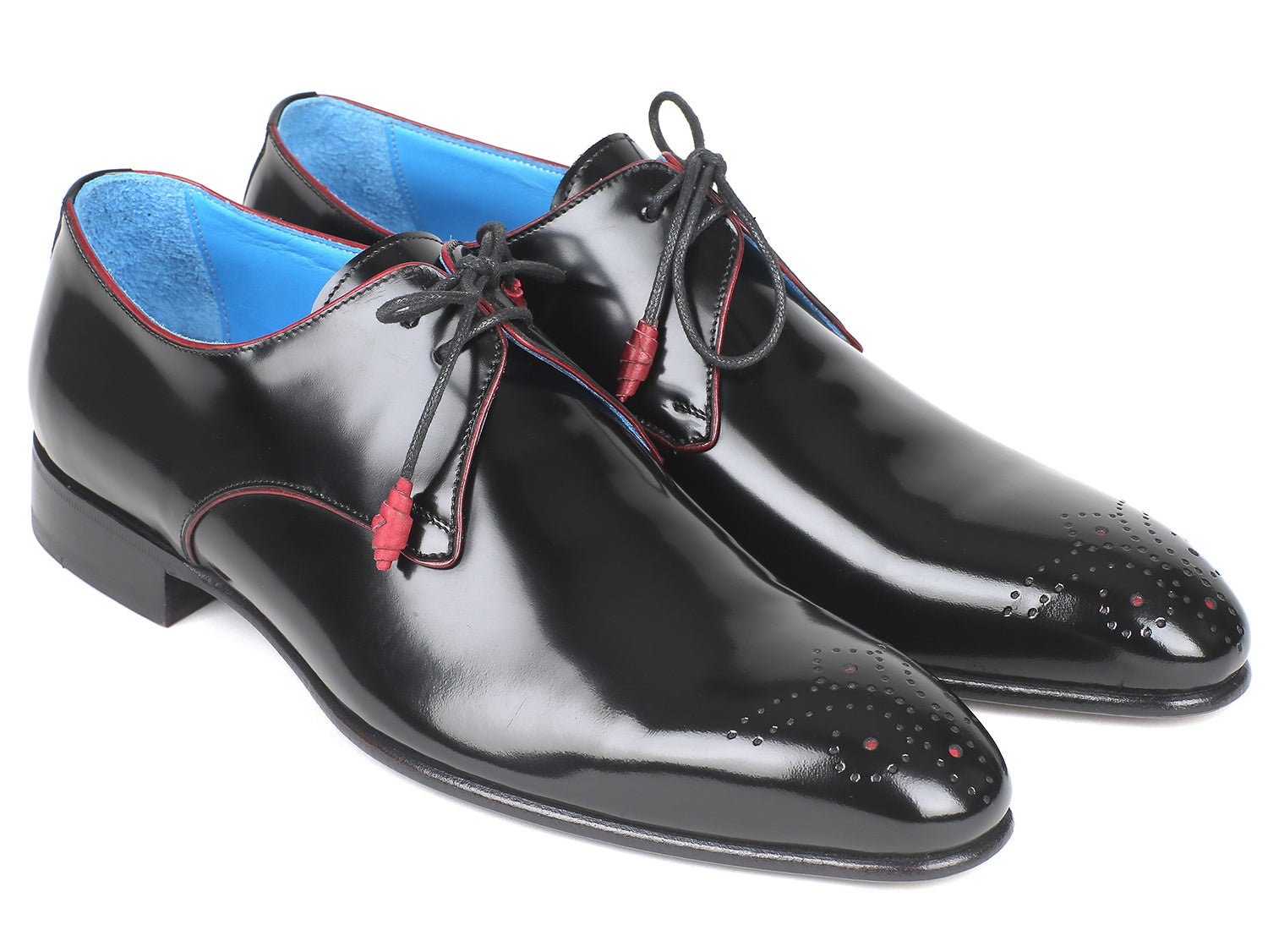 Paul Parkman Medallion Toe Black Derby Shoes featuring polished black leather, purple sole, blue lining, and red laces.