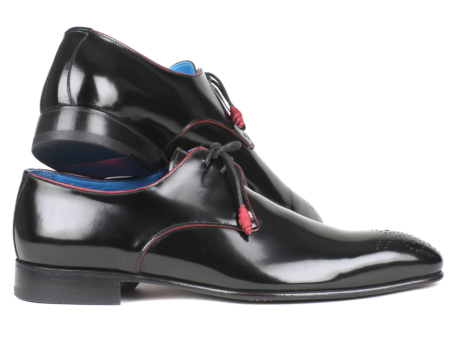 Paul Parkman Medallion Toe Black Derby Shoes featuring polished black leather, purple sole, blue lining, and red laces.