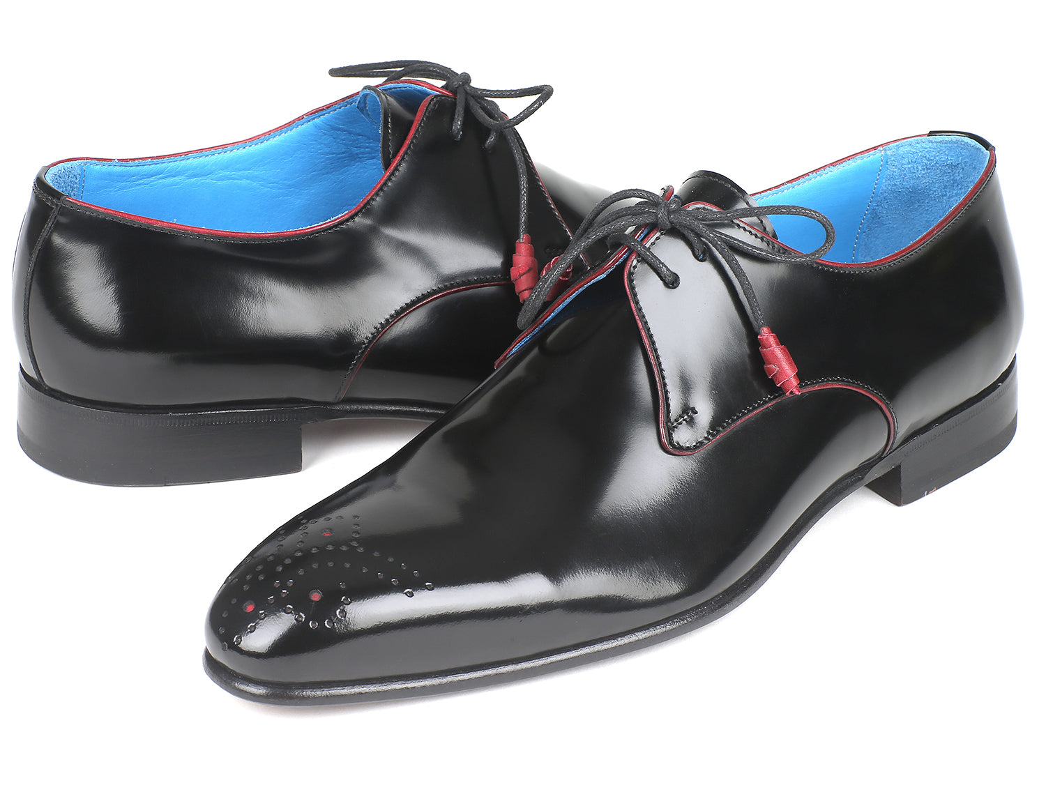 Paul Parkman Medallion Toe Black Derby Shoes featuring polished black leather, purple sole, blue lining, and red laces.