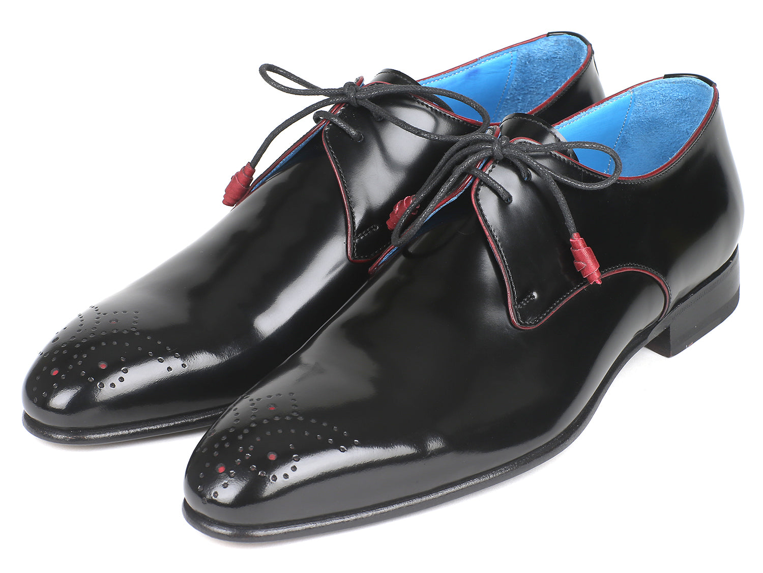 Paul Parkman Medallion Toe Black Derby Shoes featuring polished black leather, purple sole, blue lining, and red laces.