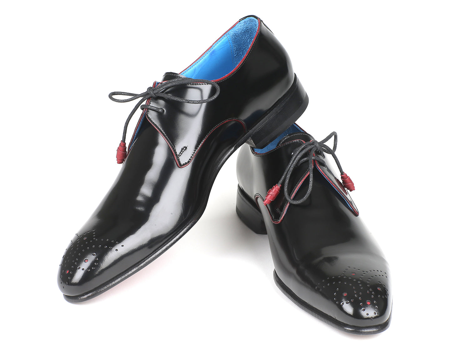 Paul Parkman Medallion Toe Black Derby Shoes featuring polished black leather, purple sole, blue lining, and red laces.