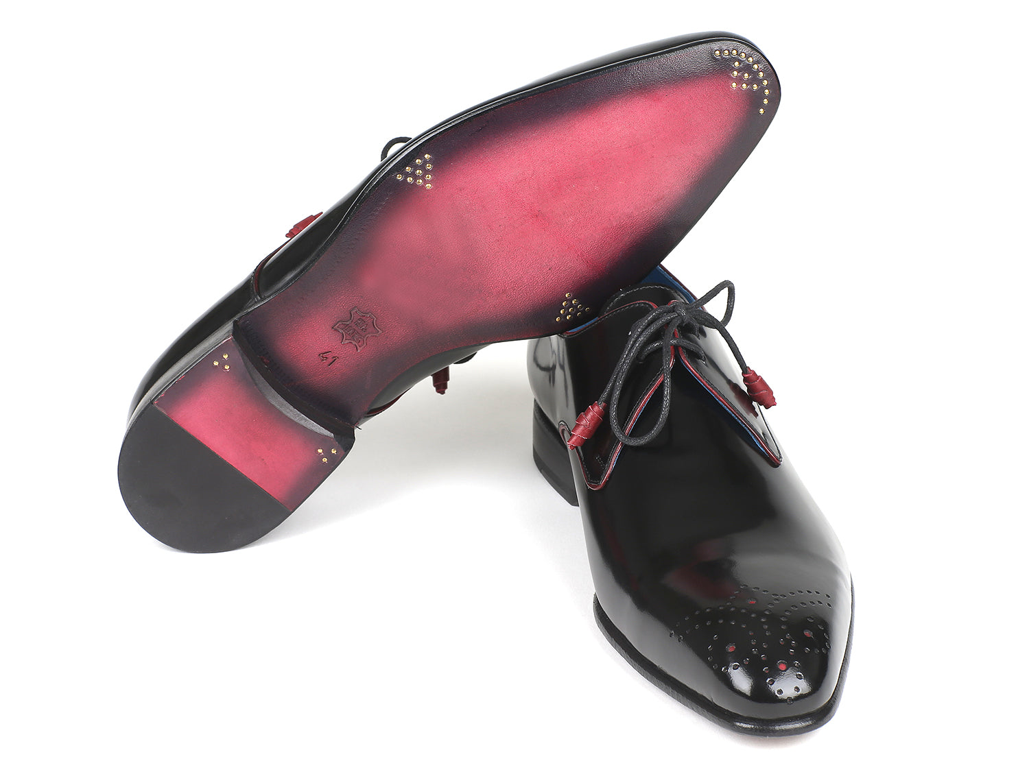 Paul Parkman Medallion Toe Black Derby Shoes featuring polished black leather, purple sole, blue lining, and red laces.