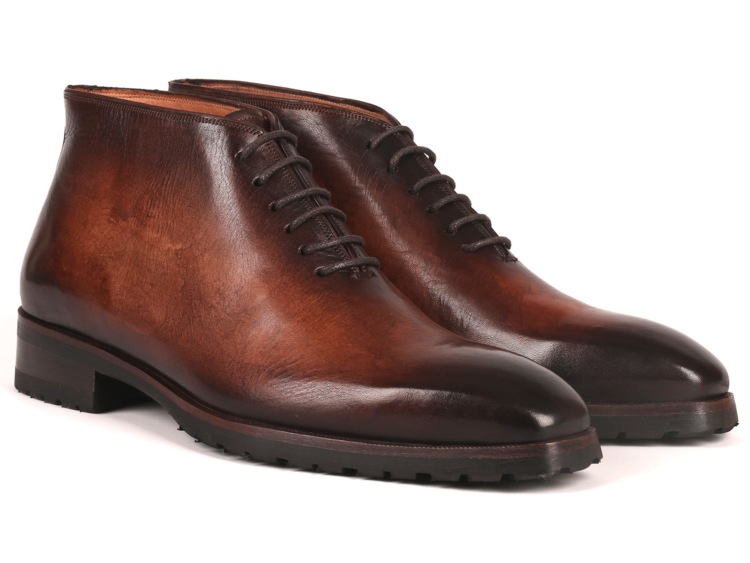 Paul Parkman Men's Ankle Boots in brown burnished leather with rubber sole, showcasing hand-painted craftsmanship.