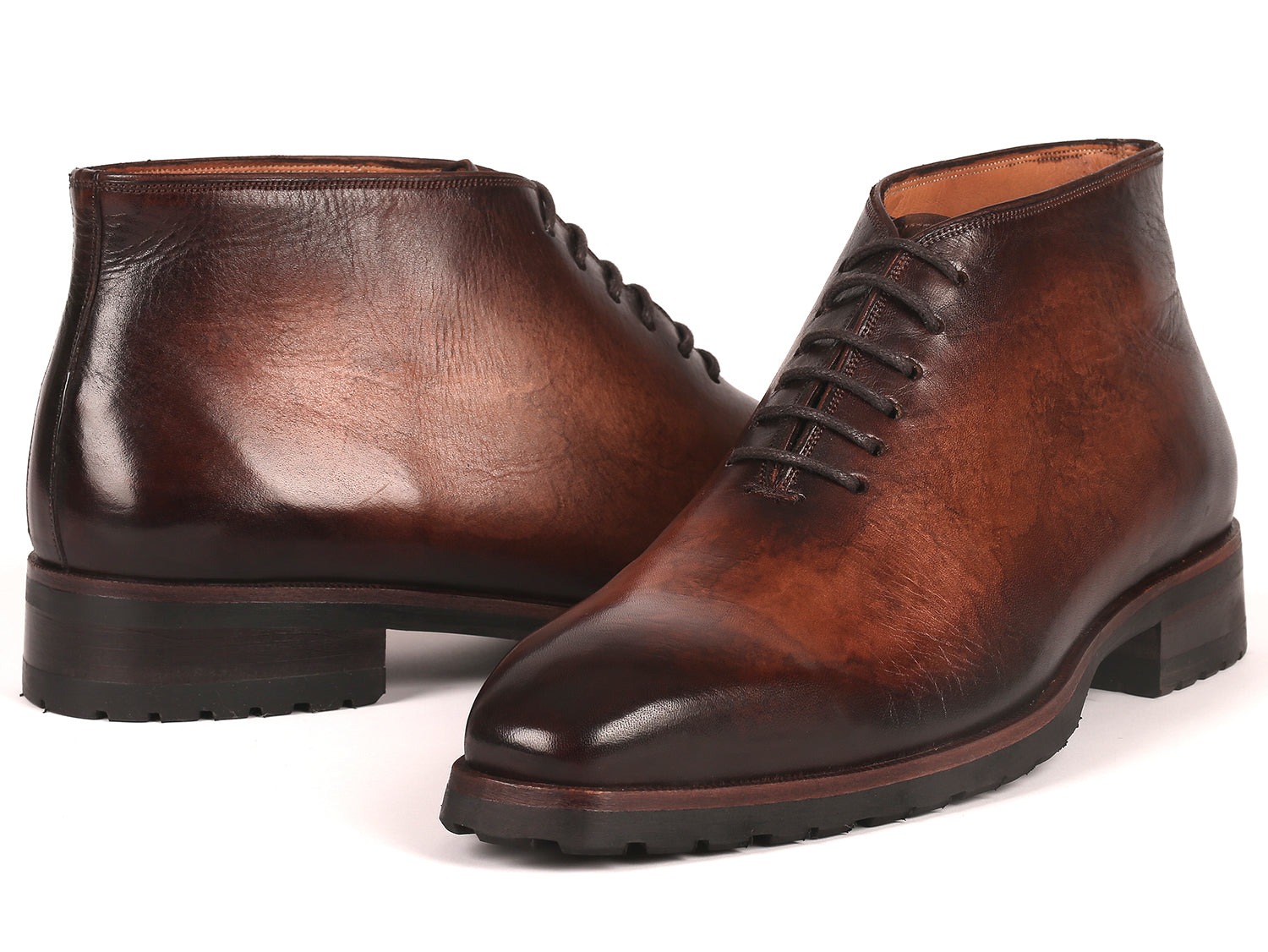 Paul Parkman Men's Ankle Boots in brown burnished leather with rubber sole, showcasing hand-painted craftsmanship.