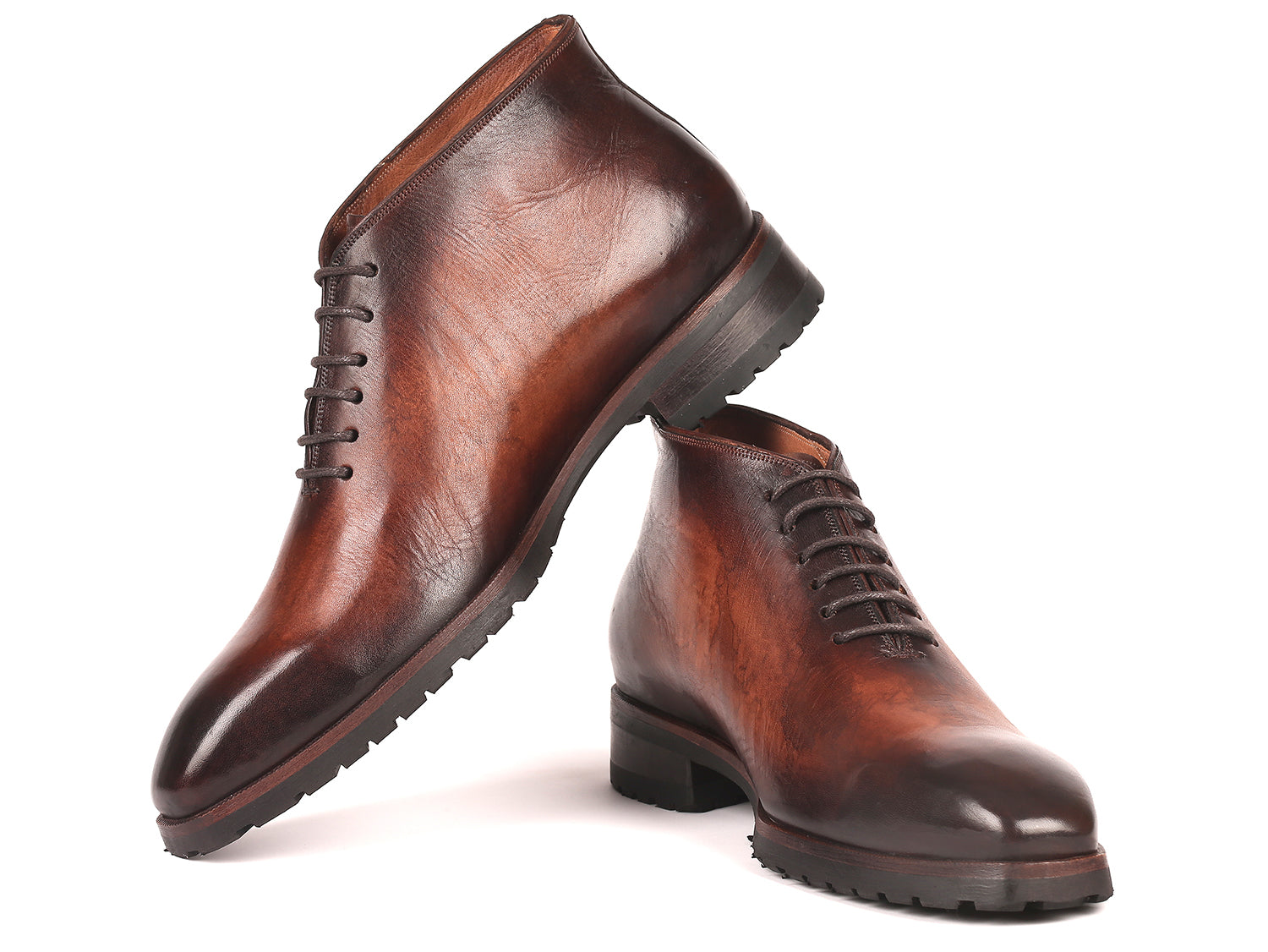 Paul Parkman Men's Ankle Boots in brown burnished leather with rubber sole, showcasing hand-painted craftsmanship.