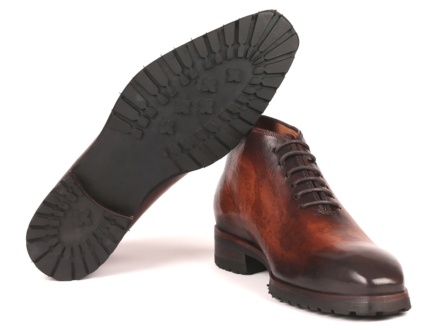 Paul Parkman Men's Ankle Boots in brown burnished leather with rubber sole, showcasing hand-painted craftsmanship.