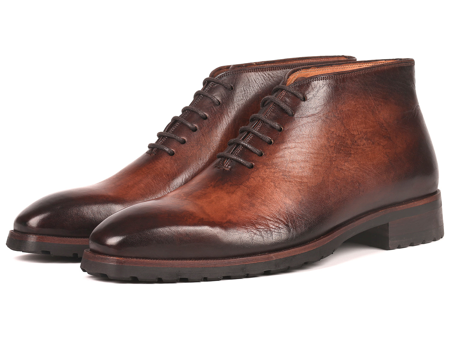 Paul Parkman Men's Ankle Boots in brown burnished leather with rubber sole, showcasing hand-painted craftsmanship.