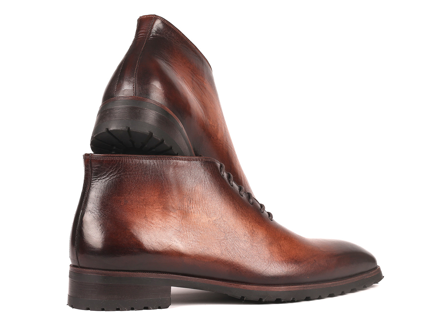 Paul Parkman Men's Ankle Boots in brown burnished leather with rubber sole, showcasing hand-painted craftsmanship.