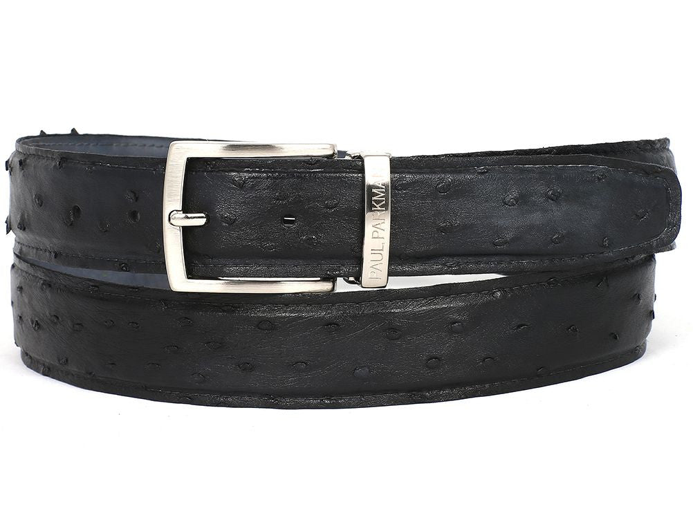 PAUL PARKMAN Men's Black Genuine Ostrich Belt showcasing premium ostrich skin with a hand-painted finish.