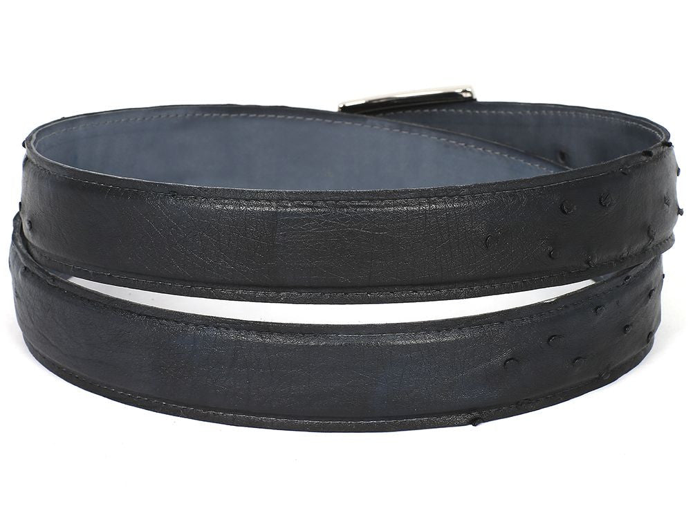 PAUL PARKMAN Men's Black Genuine Ostrich Belt showcasing premium ostrich skin with a hand-painted finish.