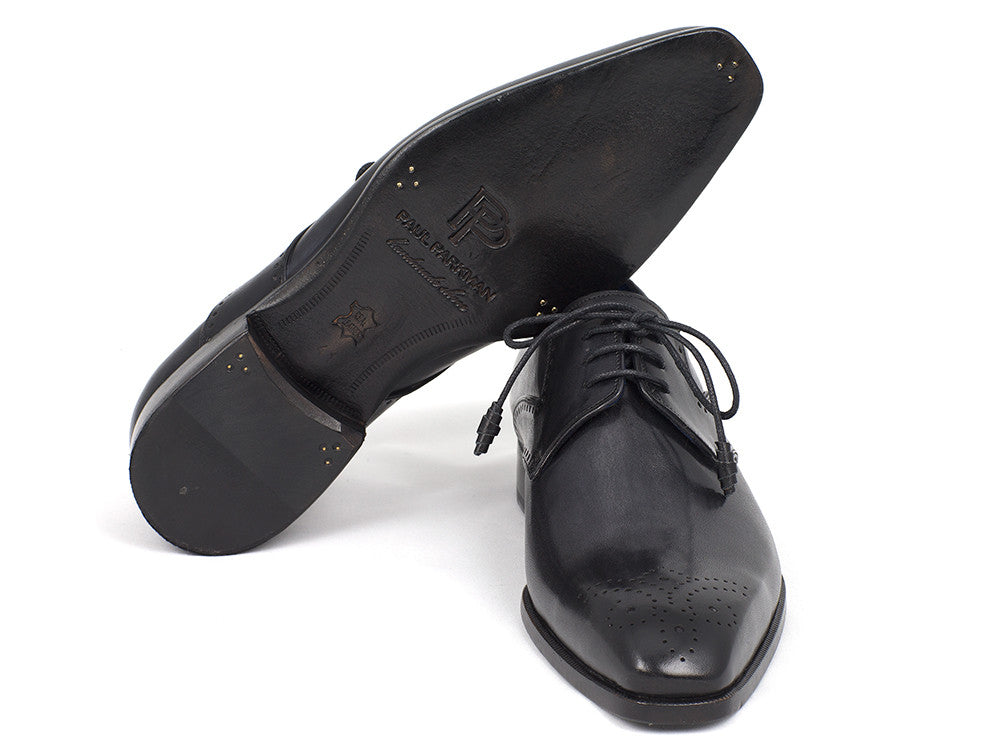 Paul Parkman Men's Black Medallion Toe Derby Shoes featuring hand-painted leather upper and antique burnished leather sole.