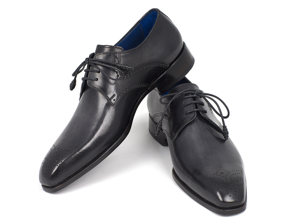 Paul Parkman Men's Black Medallion Toe Derby Shoes featuring hand-painted leather upper and antique burnished leather sole.