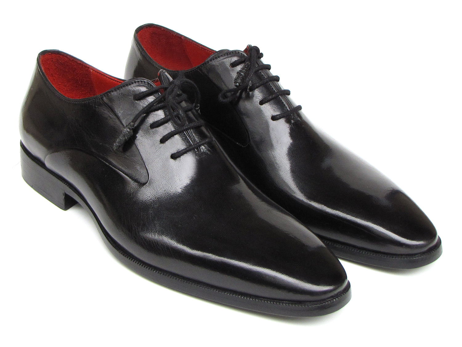 Paul Parkman Men's Black Oxfords featuring Italian calfskin, leather wrapped lacing, and antique burnished sole.