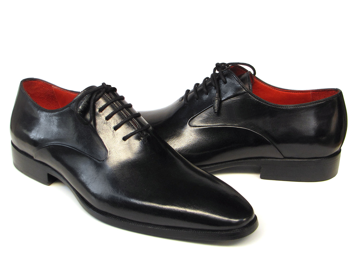 Paul Parkman Men's Black Oxfords featuring Italian calfskin, leather wrapped lacing, and antique burnished sole.