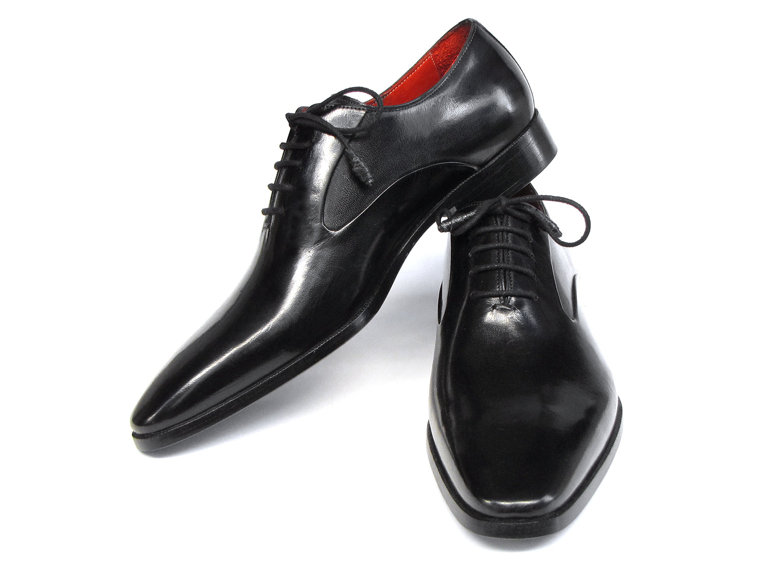 Paul Parkman Men's Black Oxfords featuring Italian calfskin, leather wrapped lacing, and antique burnished sole.