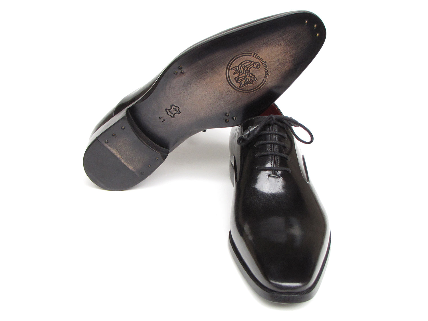 Paul Parkman Men's Black Oxfords featuring Italian calfskin, leather wrapped lacing, and antique burnished sole.