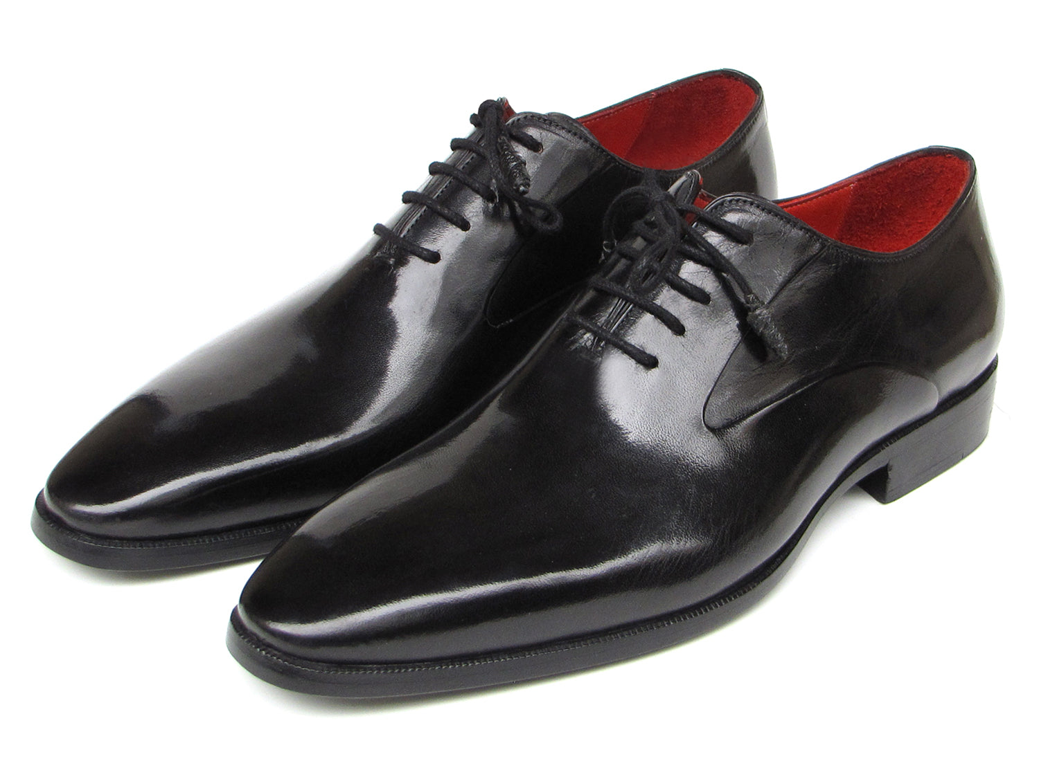 Paul Parkman Men's Black Oxfords featuring Italian calfskin, leather wrapped lacing, and antique burnished sole.