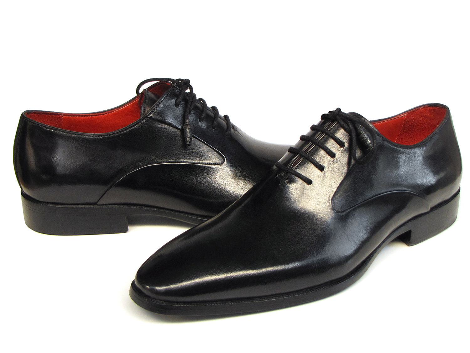 Paul Parkman Men's Black Oxfords featuring Italian calfskin, leather wrapped lacing, and antique burnished sole.