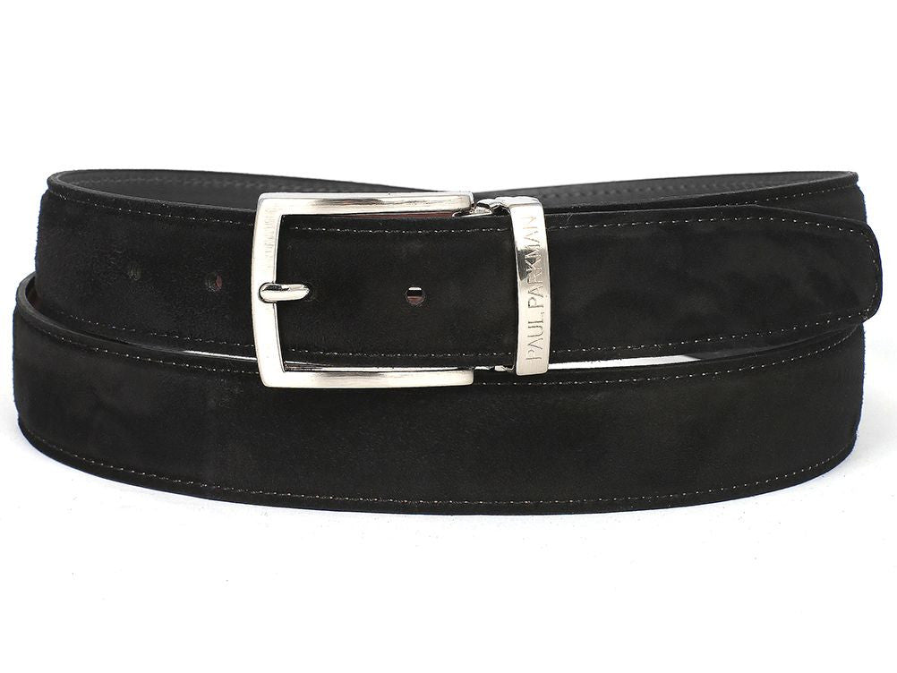 PAUL PARKMAN Men's Black Suede Belt showcasing premium suede material and adjustable buckle design.