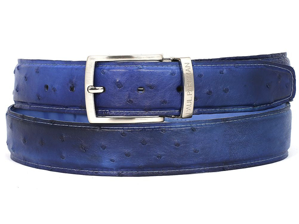 PAUL PARKMAN Men's Blue Genuine Ostrich Belt showcasing its unique texture and hand-painted finish.