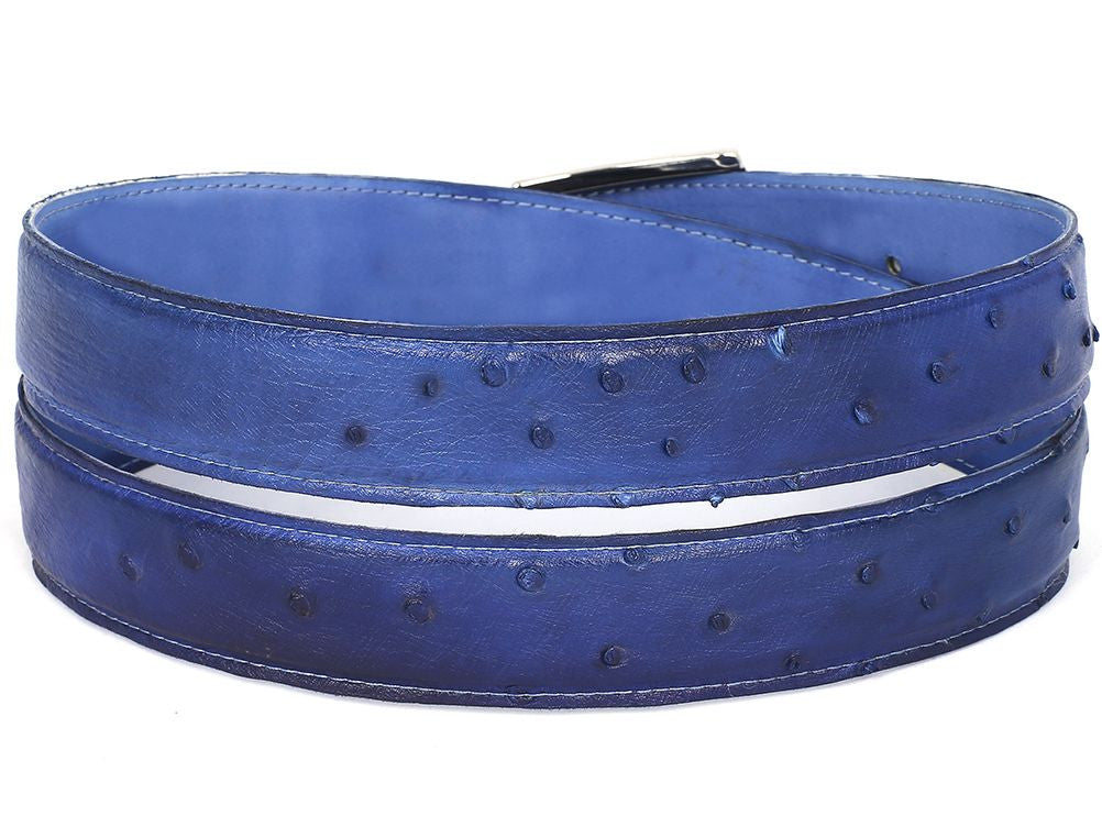 PAUL PARKMAN Men's Blue Genuine Ostrich Belt showcasing its unique texture and hand-painted finish.