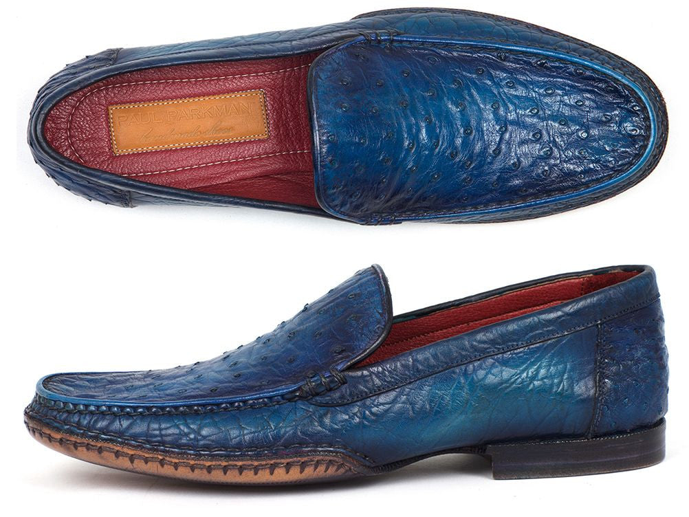 Paul Parkman Men's Blue Genuine Ostrich Moccasins featuring opanka construction and bordeaux leather lining.