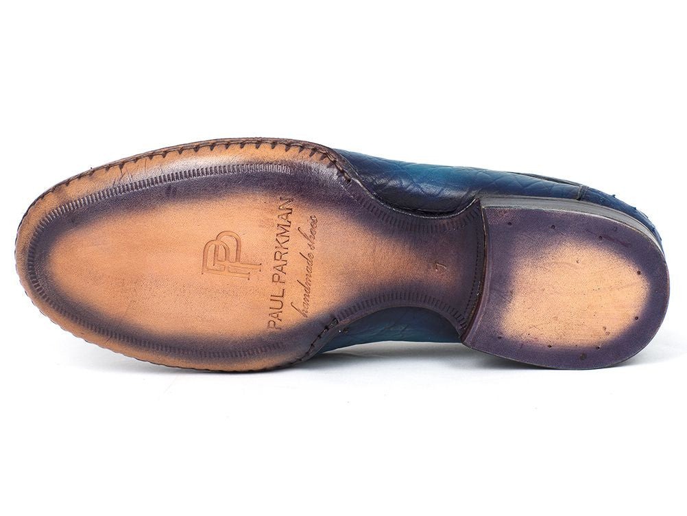 Paul Parkman Men's Blue Genuine Ostrich Moccasins featuring opanka construction and bordeaux leather lining.