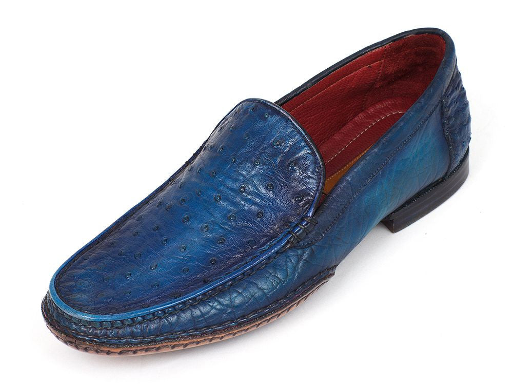 Paul Parkman Men's Blue Genuine Ostrich Moccasins featuring opanka construction and bordeaux leather lining.