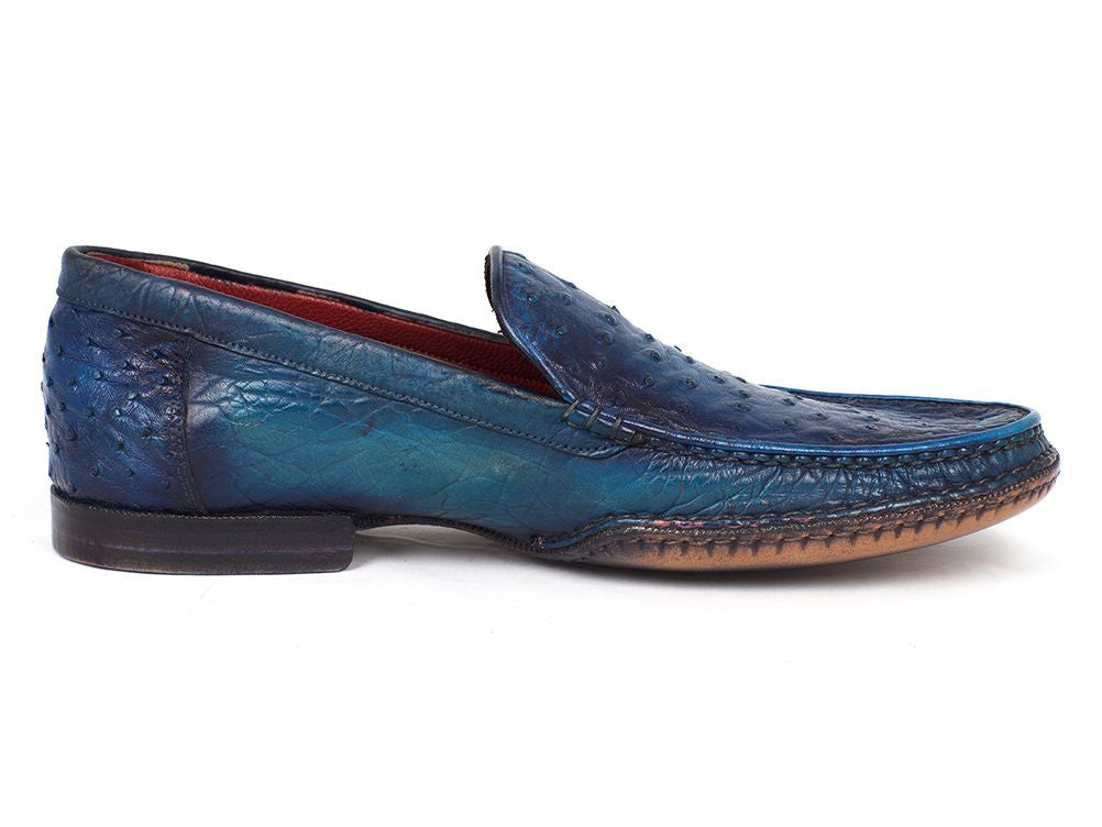 Paul Parkman Men's Blue Genuine Ostrich Moccasins featuring opanka construction and bordeaux leather lining.