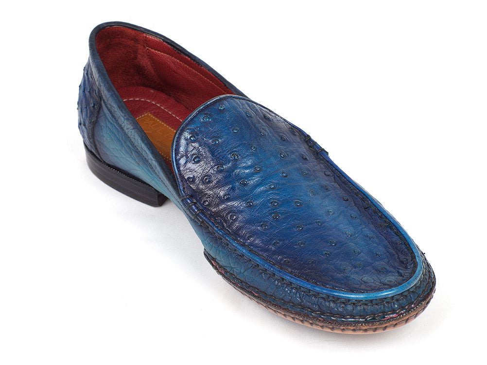 Paul Parkman Men's Blue Genuine Ostrich Moccasins featuring opanka construction and bordeaux leather lining.