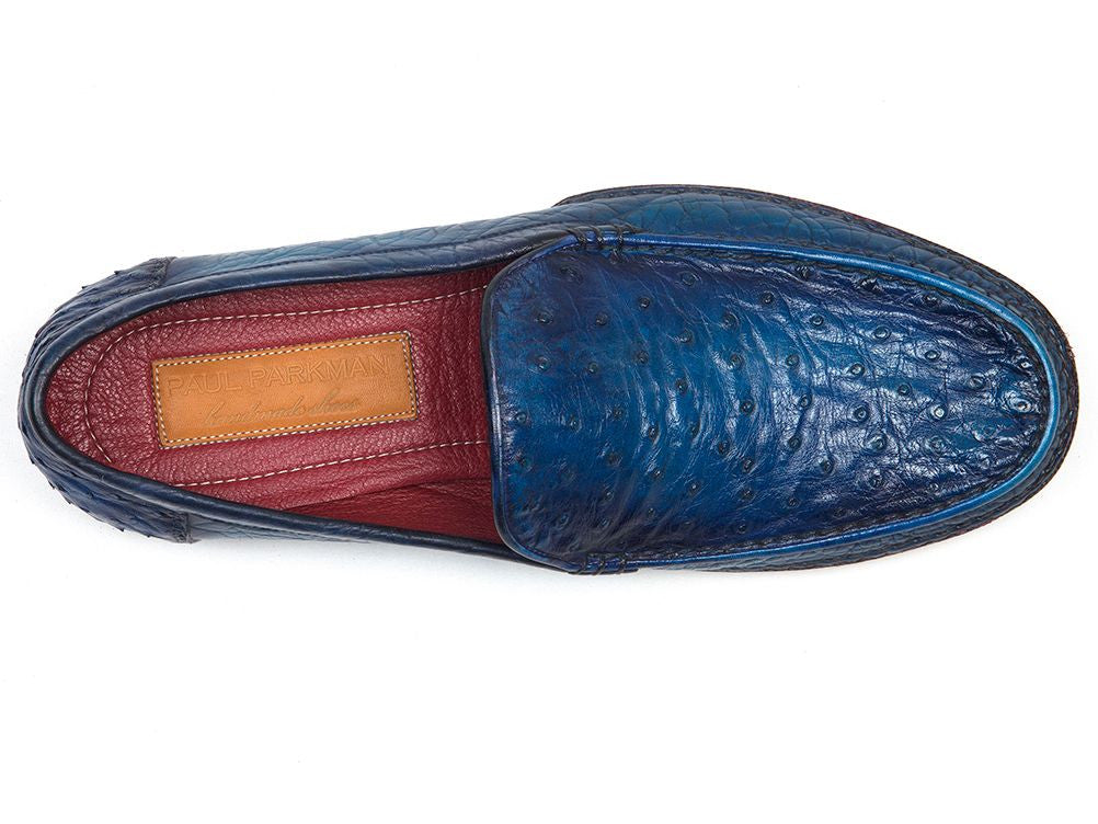 Paul Parkman Men's Blue Genuine Ostrich Moccasins featuring opanka construction and bordeaux leather lining.