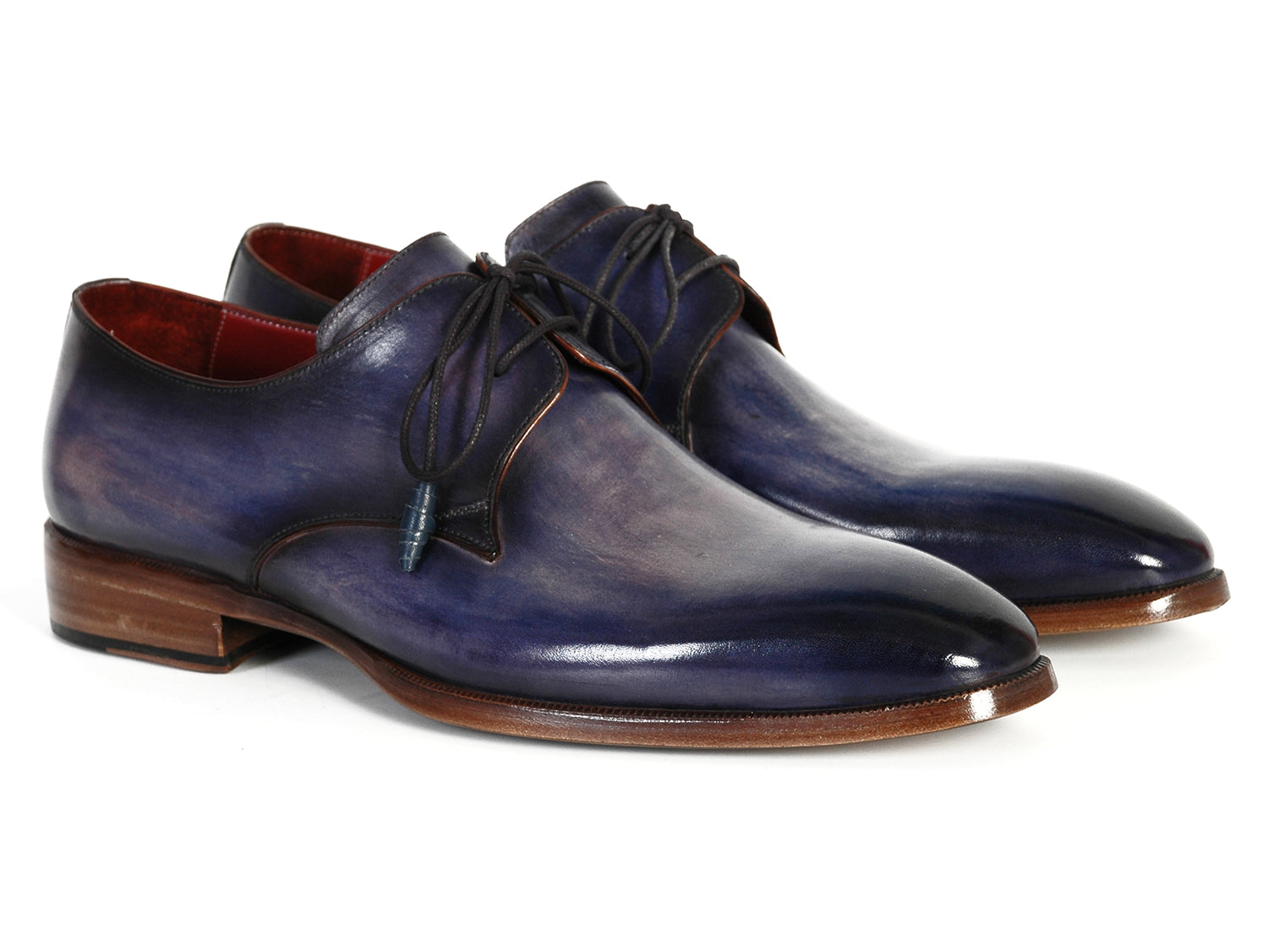 Paul Parkman Men's Blue & Navy Hand-Painted Derby Shoes featuring a unique hand-painted leather upper and antique burnished sole.