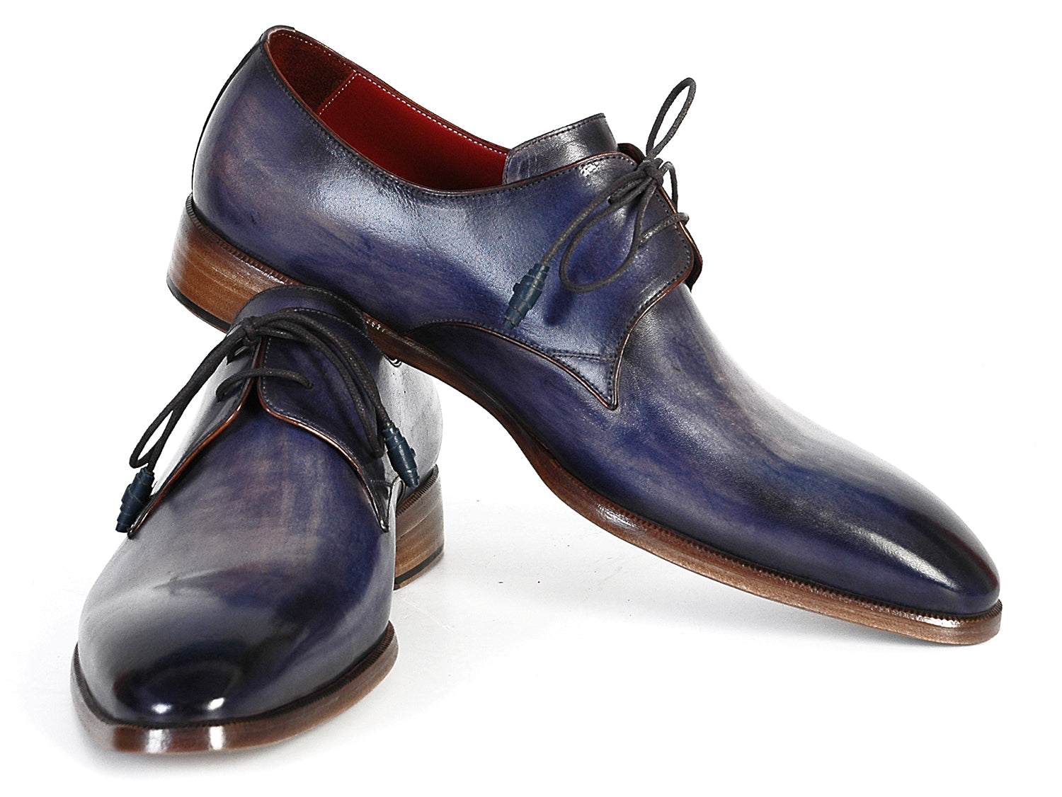 Paul Parkman Men's Blue & Navy Hand-Painted Derby Shoes featuring a unique hand-painted leather upper and antique burnished sole.