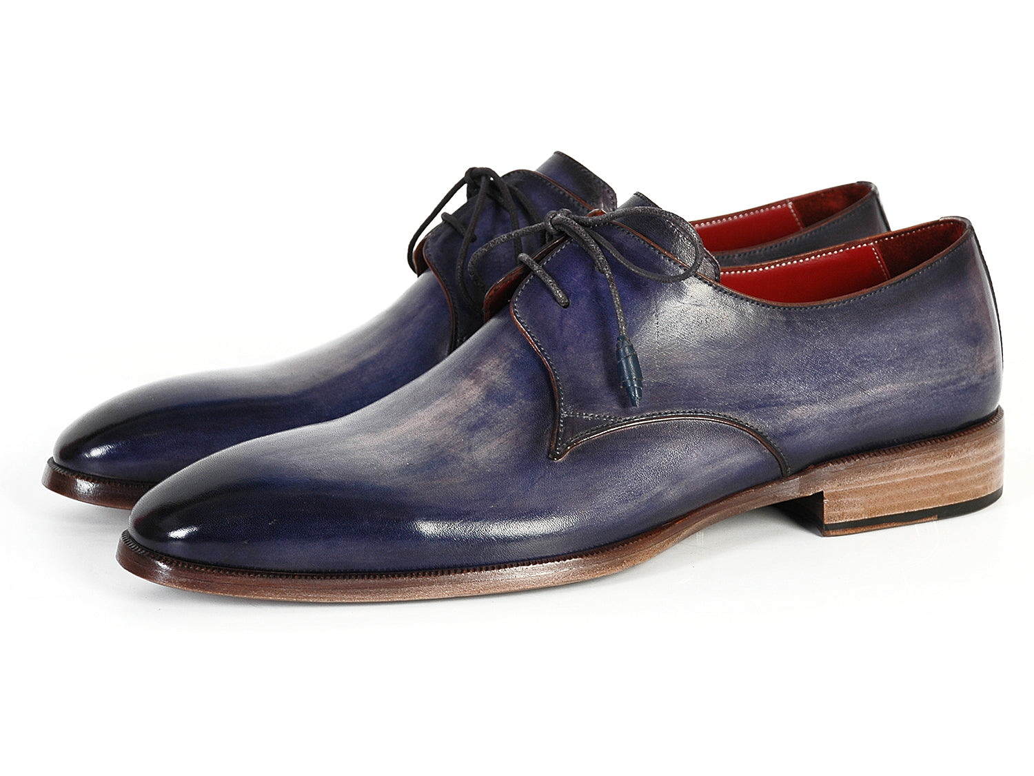 Paul Parkman Men's Blue & Navy Hand-Painted Derby Shoes featuring a unique hand-painted leather upper and antique burnished sole.