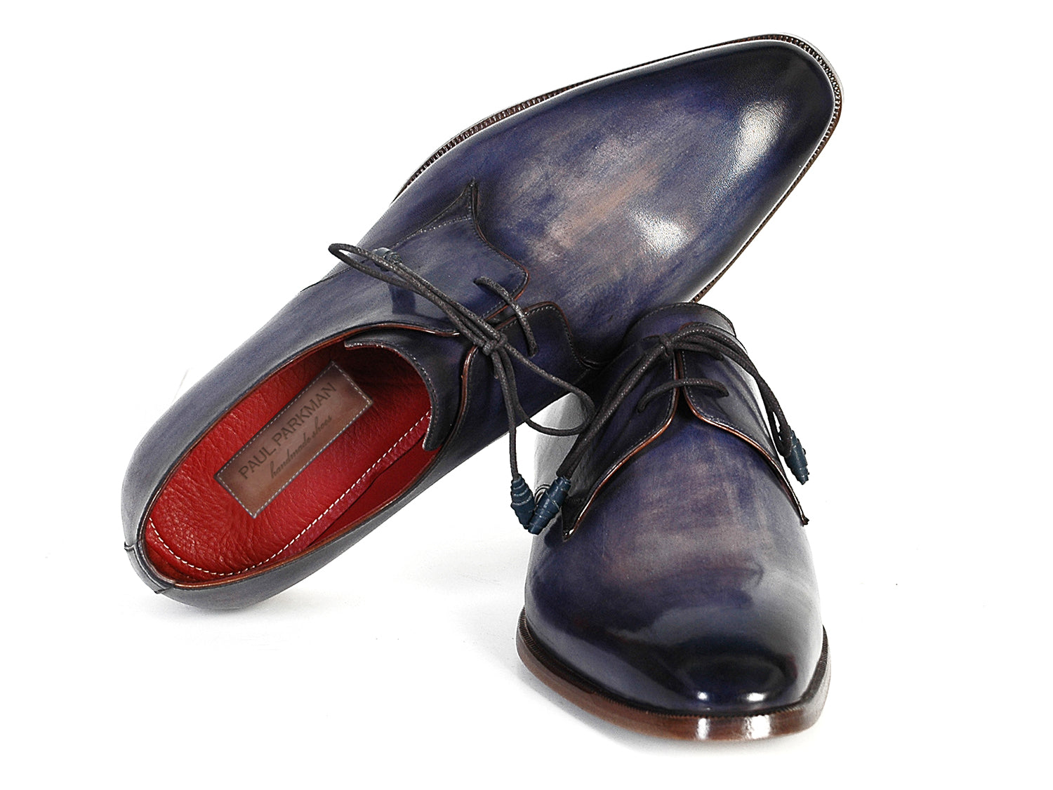 Paul Parkman Men's Blue & Navy Hand-Painted Derby Shoes featuring a unique hand-painted leather upper and antique burnished sole.