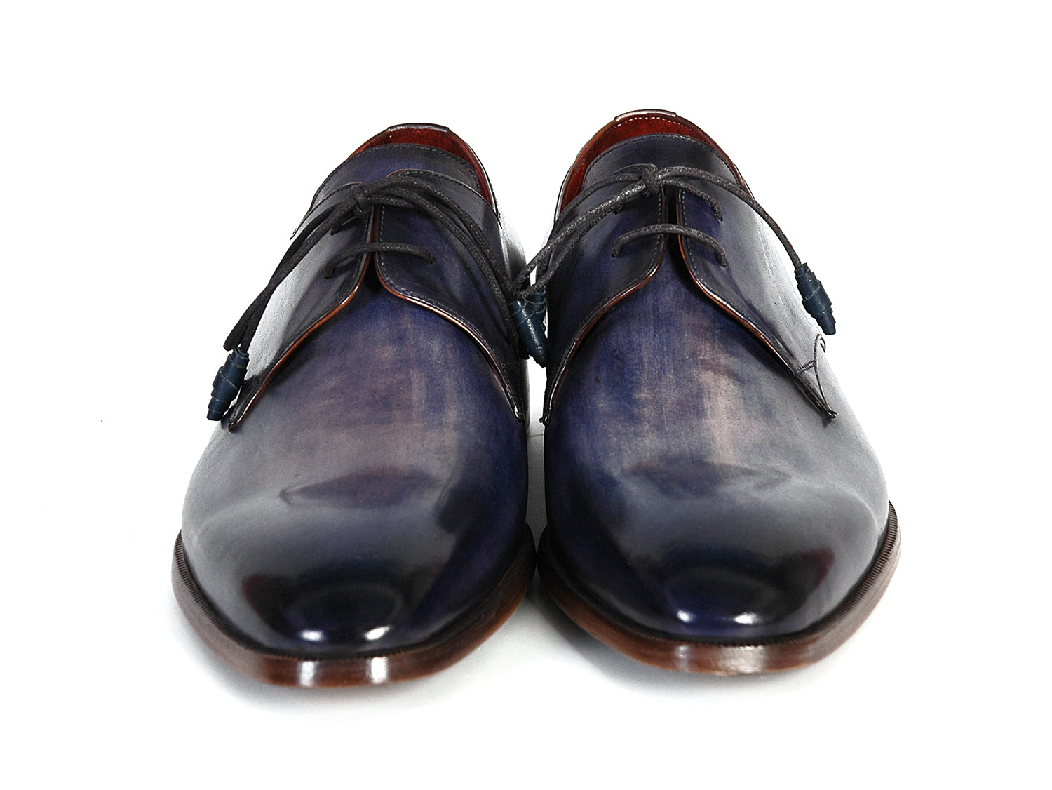 Paul Parkman Men's Blue & Navy Hand-Painted Derby Shoes featuring a unique hand-painted leather upper and antique burnished sole.