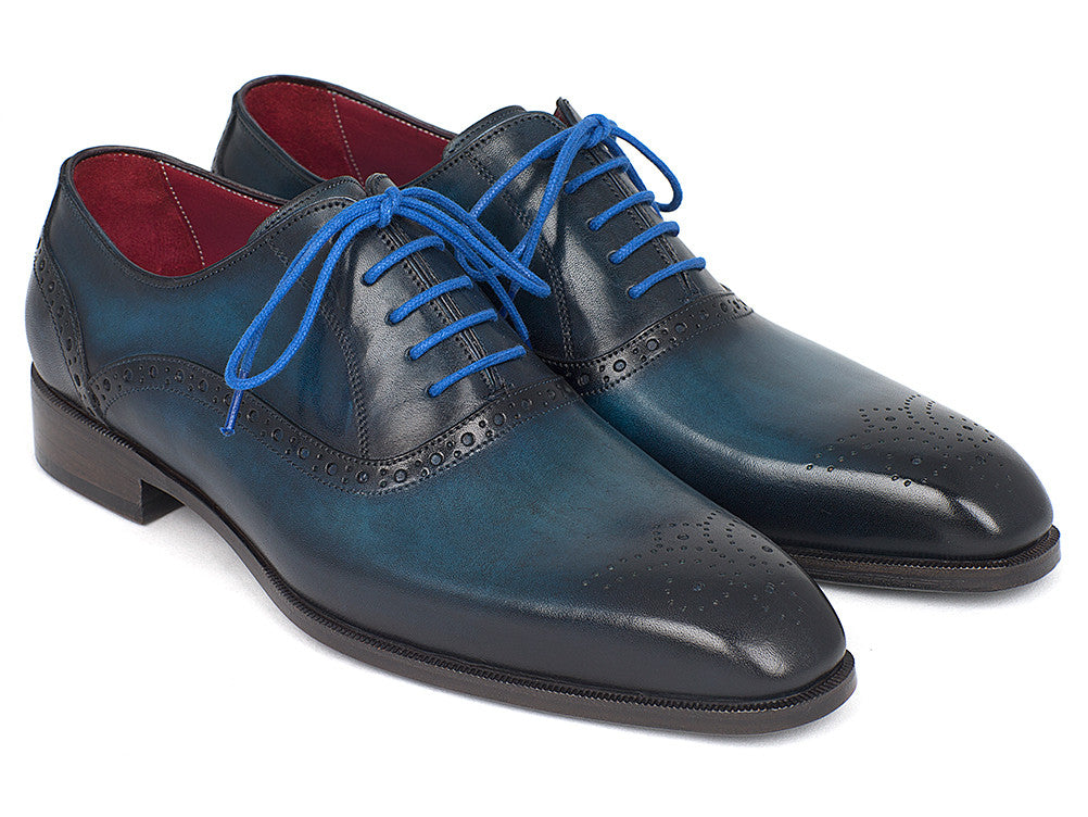 Paul Parkman Men's Blue & Navy Medallion Toe Oxfords showcasing hand-painted leather, medallion toe design, and blue laces.