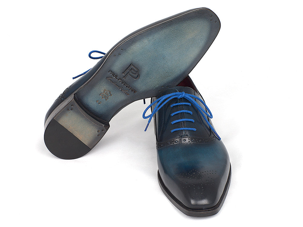 Paul Parkman Men's Blue & Navy Medallion Toe Oxfords showcasing hand-painted leather, medallion toe design, and blue laces.