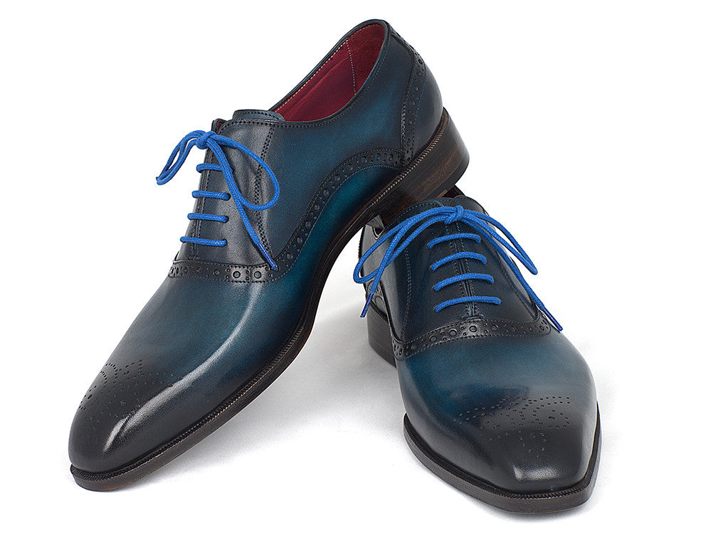 Paul Parkman Men's Blue & Navy Medallion Toe Oxfords showcasing hand-painted leather, medallion toe design, and blue laces.