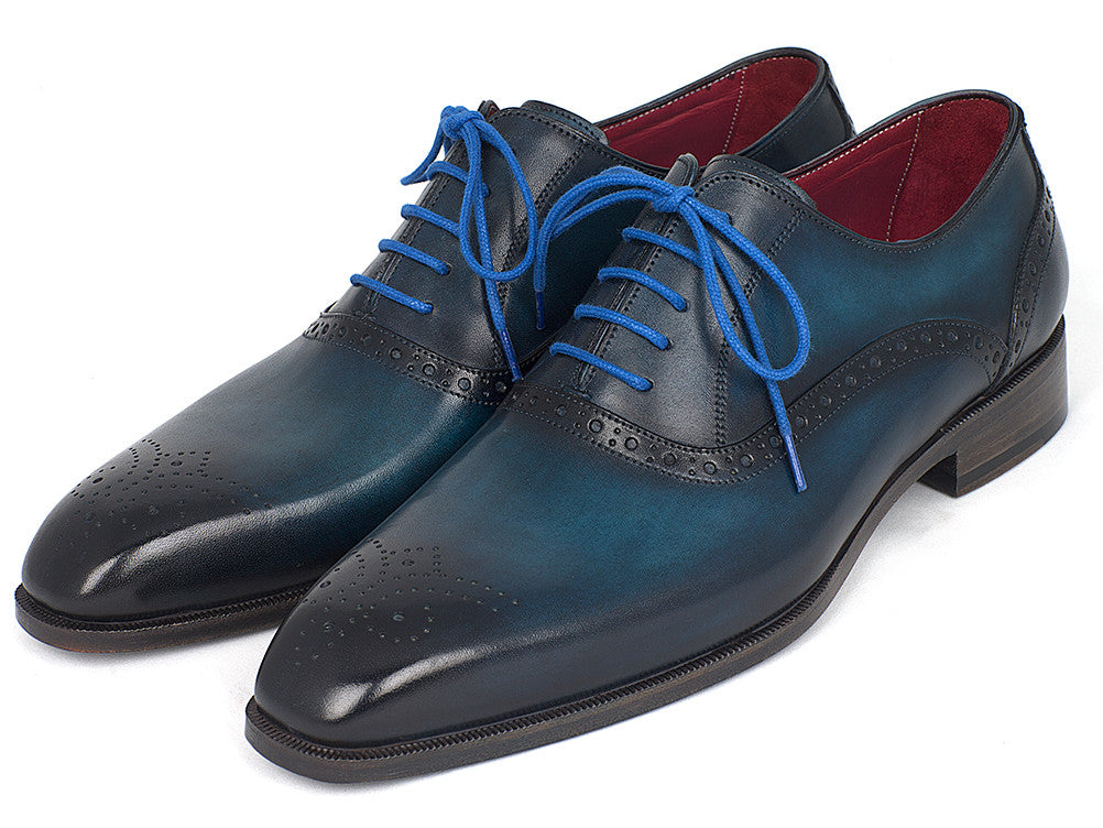 Paul Parkman Men's Blue & Navy Medallion Toe Oxfords showcasing hand-painted leather, medallion toe design, and blue laces.