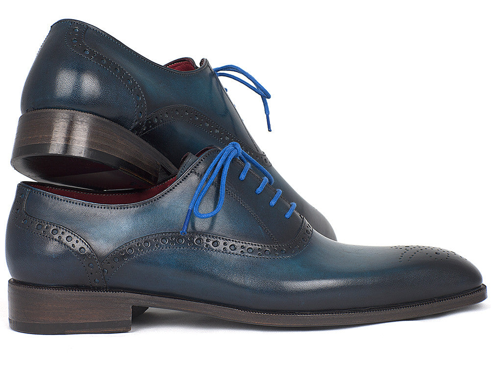 Paul Parkman Men's Blue & Navy Medallion Toe Oxfords showcasing hand-painted leather, medallion toe design, and blue laces.