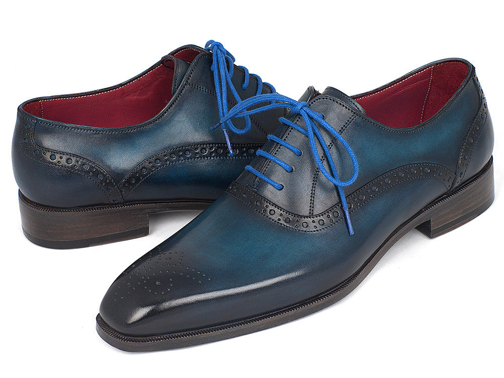 Paul Parkman Men's Blue & Navy Medallion Toe Oxfords showcasing hand-painted leather, medallion toe design, and blue laces.